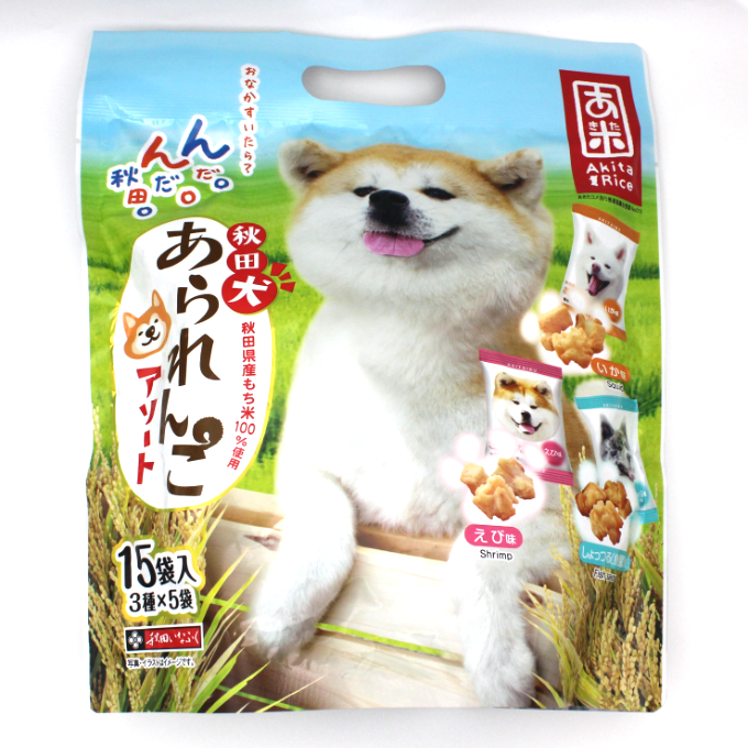 いなふく米菓 秋田犬あられんこ・アソート しょっつる味 えび味 いか味 15袋入(3種×各5袋)【秋田】